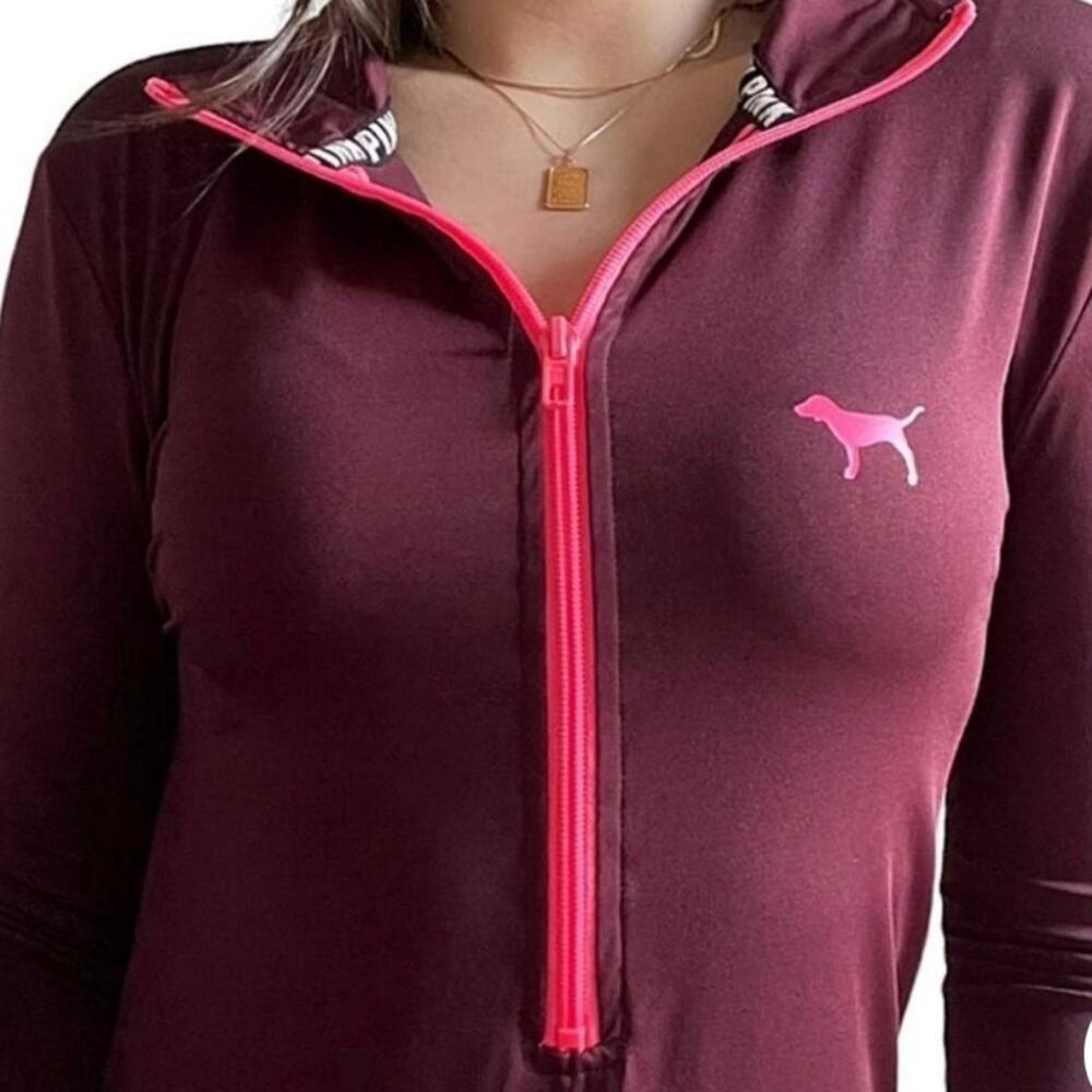 Victoria's Secret Pink Maroon/Hot Pink Half Zip Long Sleeve Pullover Size M